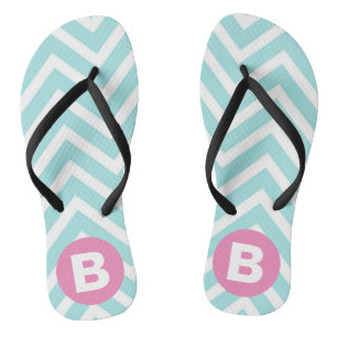 Trendy Light Blue Chevron Pink Monogram Flip Flops