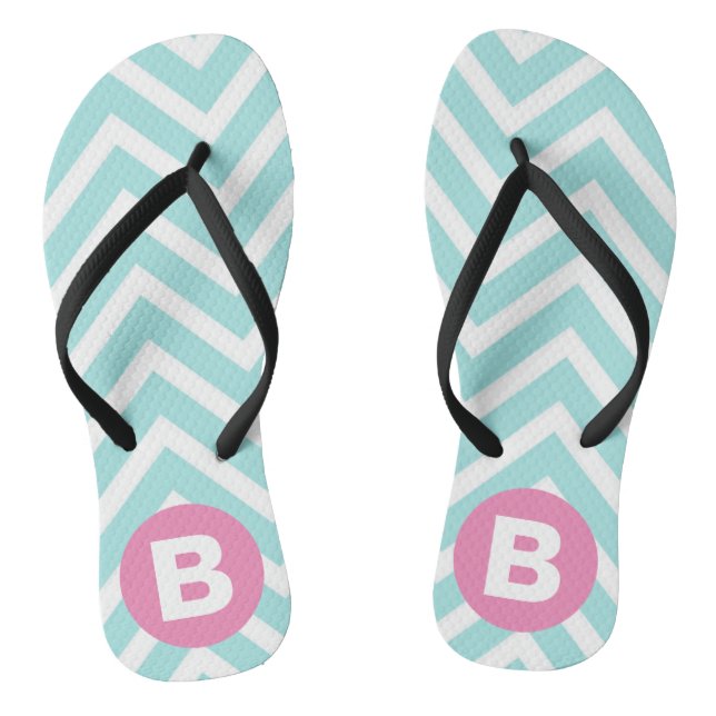 Trendy Light Blue Chevron Pink Monogram Flip Flops (Footbed)