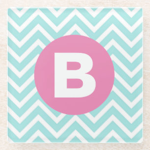 Trendy Light Blue Chevron Pink Monogram Glass Coaster
