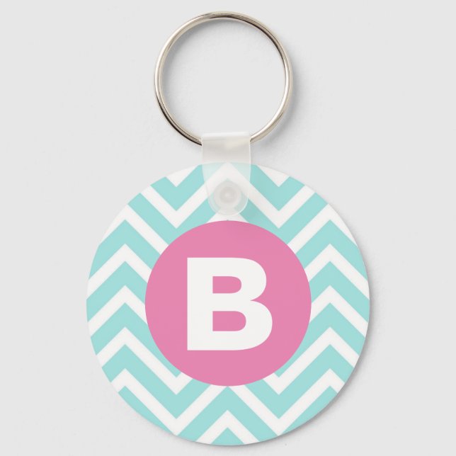 Trendy Light Blue Chevron Pink Monogram Key Ring (Front)