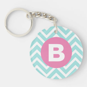 Trendy Light Blue Chevron Pink Monogram Key Ring