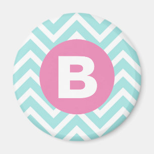 Trendy Light Blue Chevron Pink Monogram Magnet