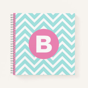 Trendy Light Blue Chevron Pink Monogram Notebook