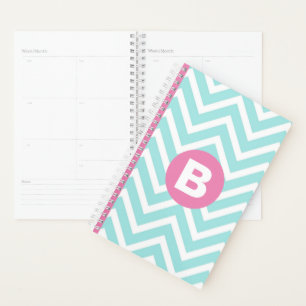 Trendy Light Blue Chevron Pink Monogram Planner