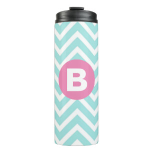 Trendy Light Blue Chevron Pink Monogram Thermal Tumbler