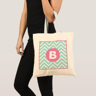 Trendy Light Blue Chevron Pink Monogram Tote Bag