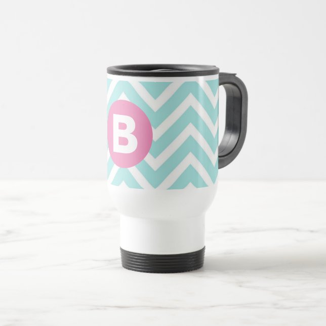 Trendy Light Blue Chevron Pink Monogram Travel Mug (Front Right)