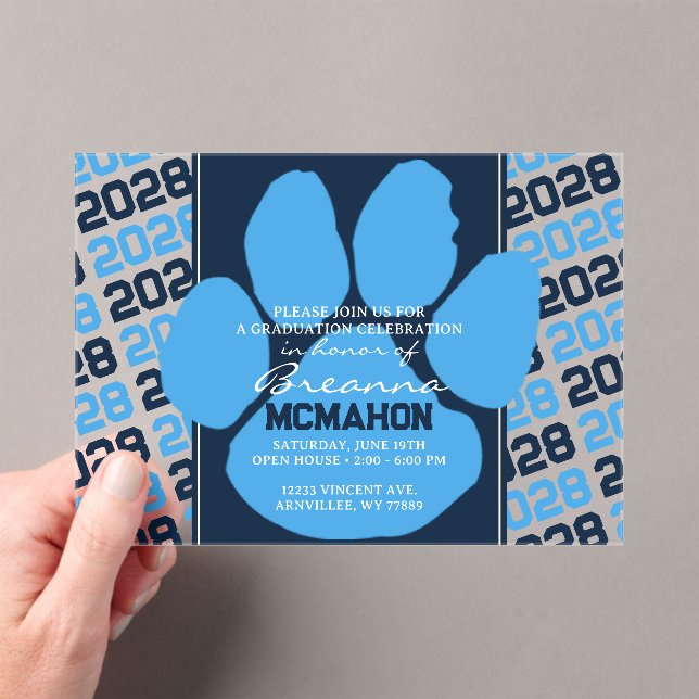 Trendy Light Blue & Navy Graduation Pawprint Clear Acrylic Invitations (Insitu (Handheld))