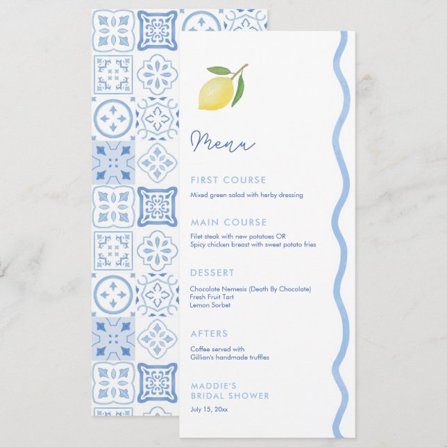 Trendy Light Blue Wavy Edge Lemons Wedding Shower  Menu (Front/Back)