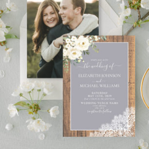 Trendy Light Grey Rustic Wood Script Photo Wedding Invitation