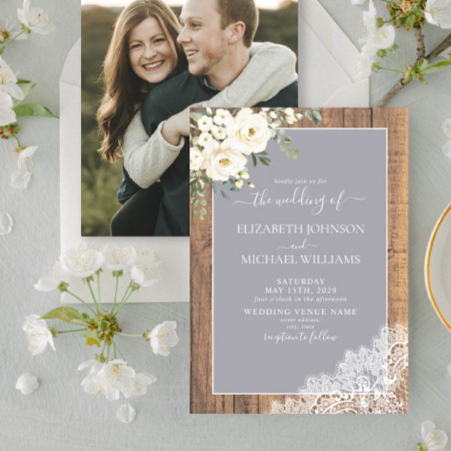 Trendy Light Grey Rustic Wood Script Photo Wedding Invitation (Creator Uploaded)