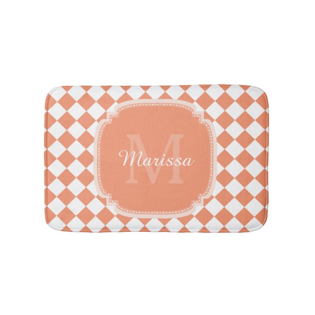Trendy Light Orange Checked Monogrammed Name Bath Mat (Front)