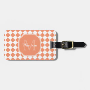 Trendy Light Orange Checked Monogrammed Name Luggage Tag
