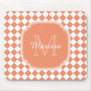 Trendy Light Orange Checked Monogrammed Name Mouse Mat