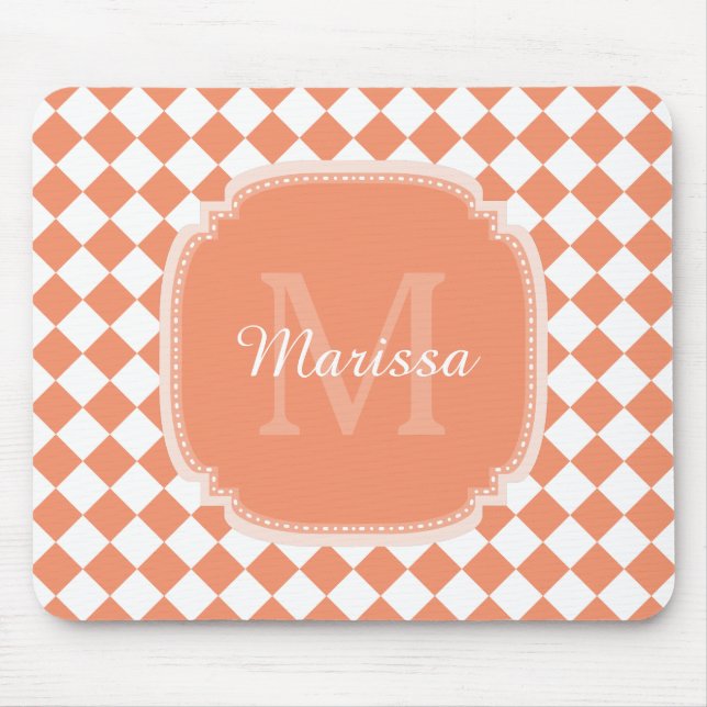 Trendy Light Orange Checked Monogrammed Name Mouse Mat (Front)