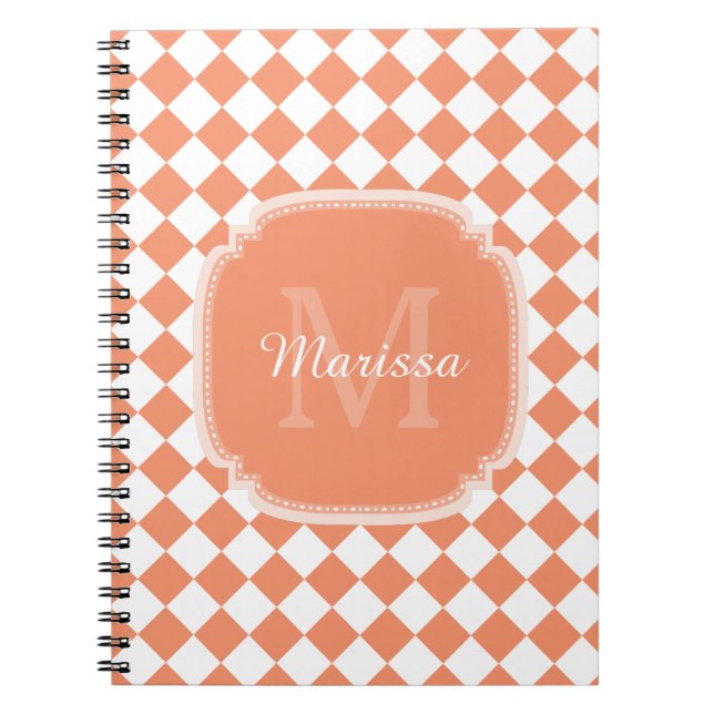 Trendy Light Orange Checked Monogrammed Name Notebook (Front)