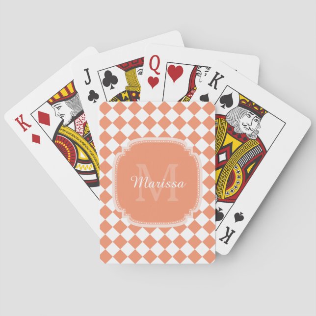 Trendy Light Orange Checked Monogrammed Name Playing Cards (Back)