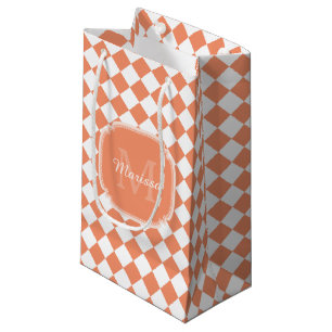 Trendy Light Orange Checked Monogrammed Name Small Gift Bag