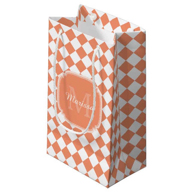 Trendy Light Orange Checked Monogrammed Name Small Gift Bag (Front Angled)