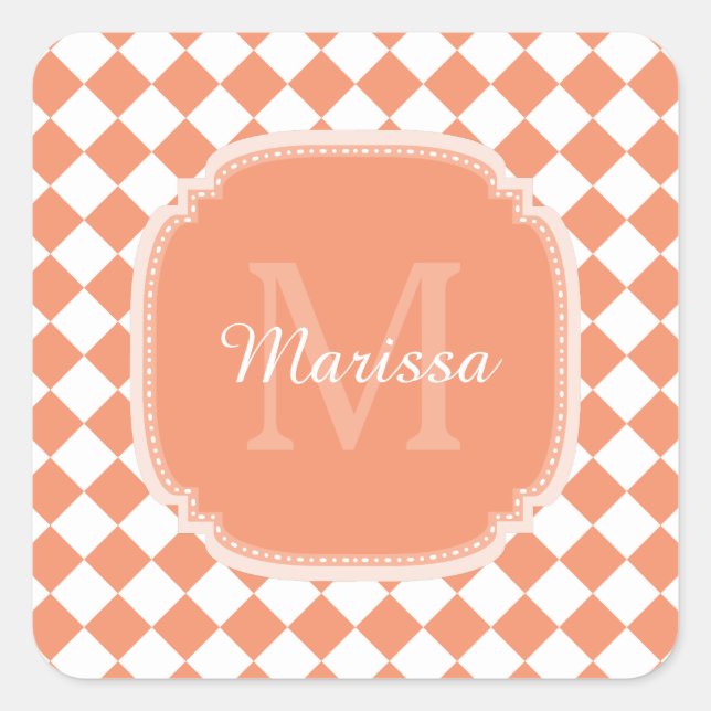 Trendy Light Orange Checked Monogrammed Name Square Sticker (Front)