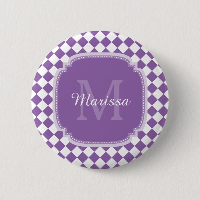 Trendy Light Purple Checked Monogrammed Name 6 Cm Round Badge (Front)