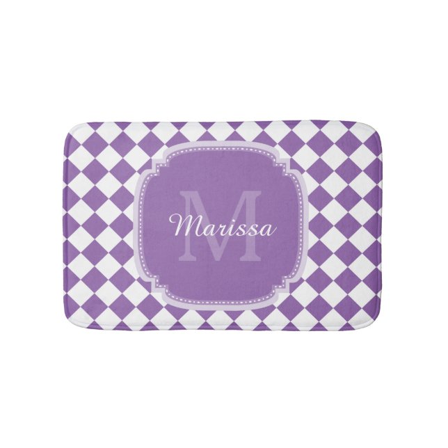 Trendy Light Purple Checked Monogrammed Name Bath Mat (Front)