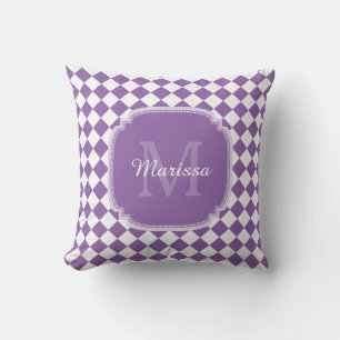 Trendy Light Purple Checked Monogrammed Name Cushion