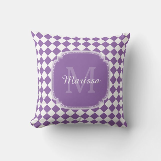 Trendy Light Purple Checked Monogrammed Name Cushion (Front)