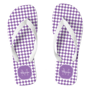 Trendy Light Purple Checked Monogrammed Name Flip Flops