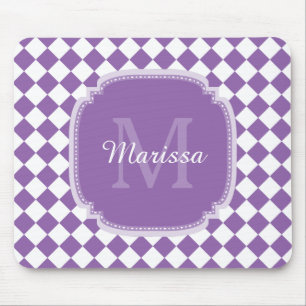 Trendy Light Purple Checked Monogrammed Name Mouse Mat