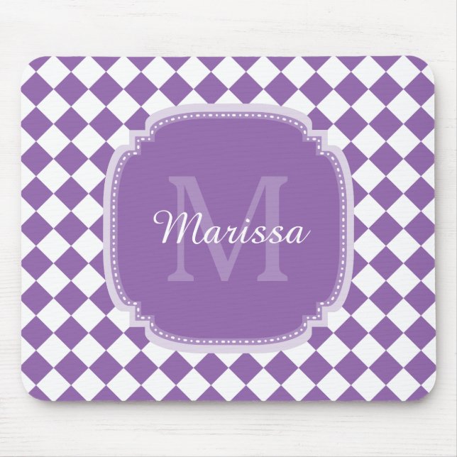 Trendy Light Purple Checked Monogrammed Name Mouse Mat (Front)