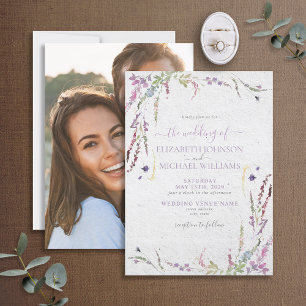 Trendy Lilac Lavender Floral Photo Garden Wedding Invitation