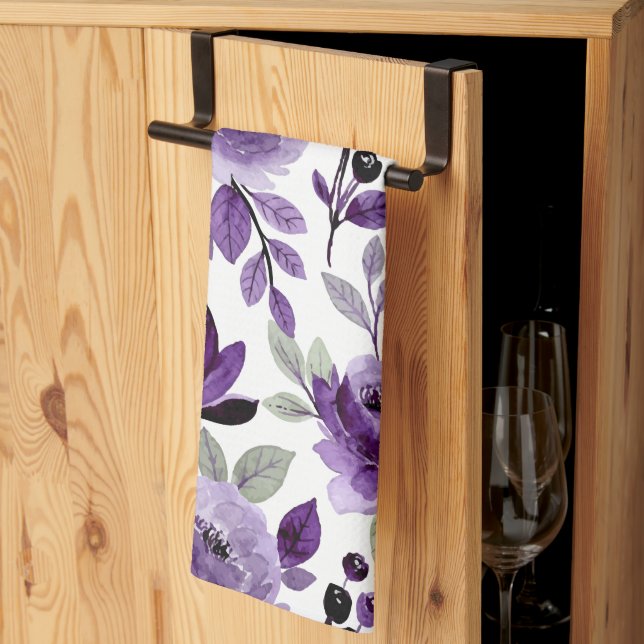 Trendy Lilac Purple Floral Pattern Tea Towel (Thirds Fold)