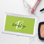 Trendy Lime Green Black White Monogram Business Card Holder<br><div class="desc">This trendy modern business card case features a monogram and first name in black and white script on a stylish lime green background.</div>