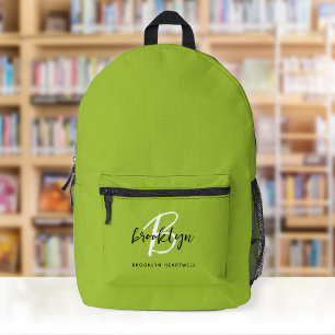 Trendy Lime Green Black White Monogram Name Printed Backpack