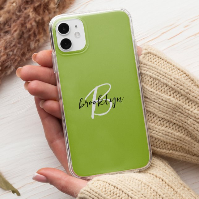 Trendy Lime Green Black White Script Monogram  Case-Mate iPhone Case (Creator Uploaded)