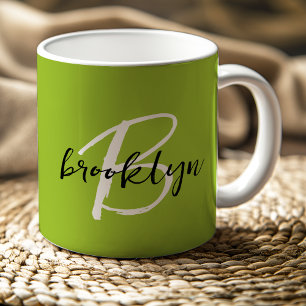 Trendy Lime Green Black White Script Monogram  Coffee Mug