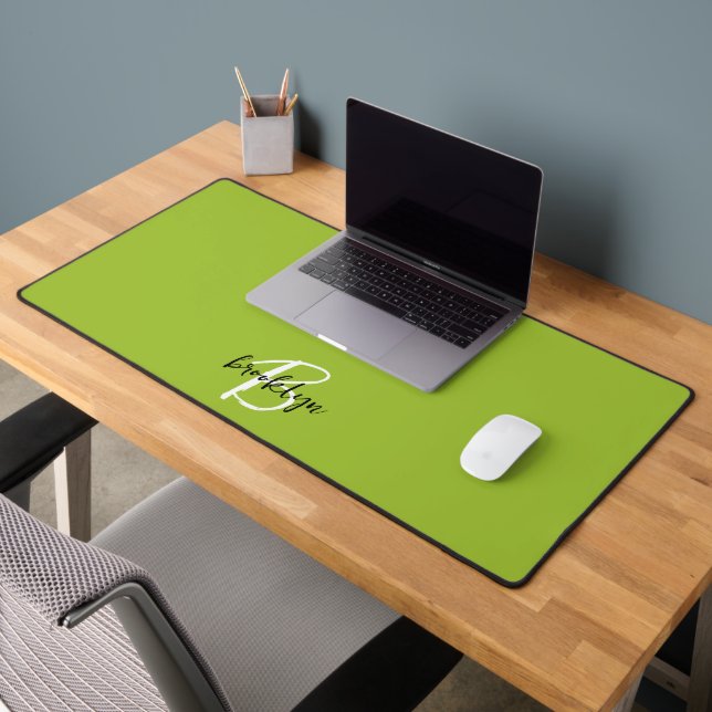 Trendy Lime Green Black White Script Monogram Desk Mat (Office 2)