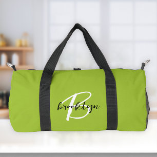 Trendy Lime Green Black White Script Monogram  Duffle Bag