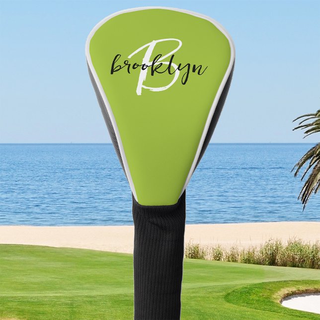 Trendy Lime Green Black White Script Monogram  Golf Head Cover (Creator Uploaded)