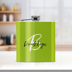 Trendy Lime Green Black White Script Monogram Hip Flask