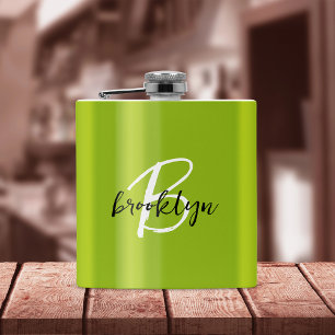 Trendy Lime Green Black White Script Monogram  Hip Flask