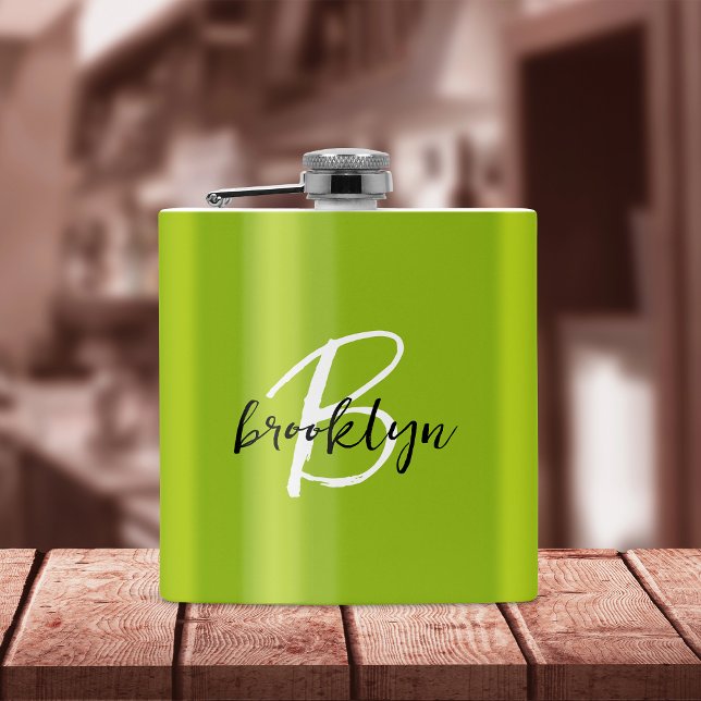 Trendy Lime Green Black White Script Monogram  Hip Flask (Creator Uploaded)