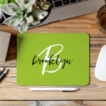 Trendy Lime Green Black White Script Monogram  Mouse Mat<br><div class="desc">This elegant personalised mouse pad features a monogram and first name in modern black and white script on a trendy lime green background.</div>