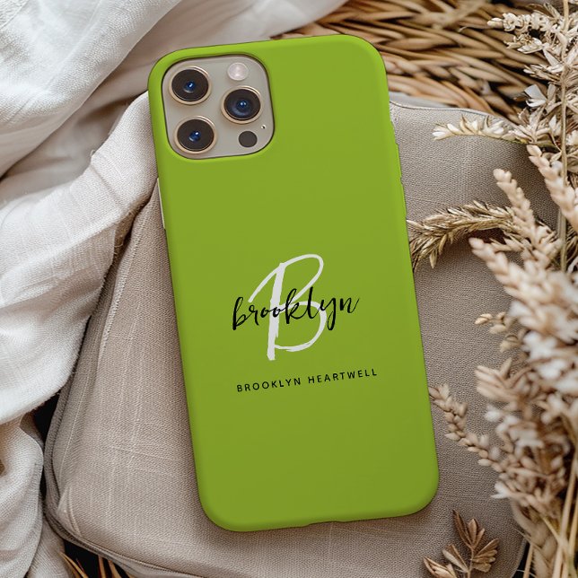 Trendy Lime Green Black White Script Monogram Name Case-Mate iPhone Case (Creator Uploaded)