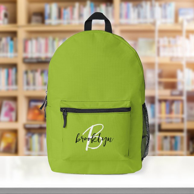 Trendy Lime Green Black White Script Monogram  Printed Backpack (Creator Uploaded)