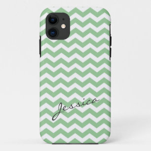 Trendy lime green chevron zigzag with name iPhone 11 case