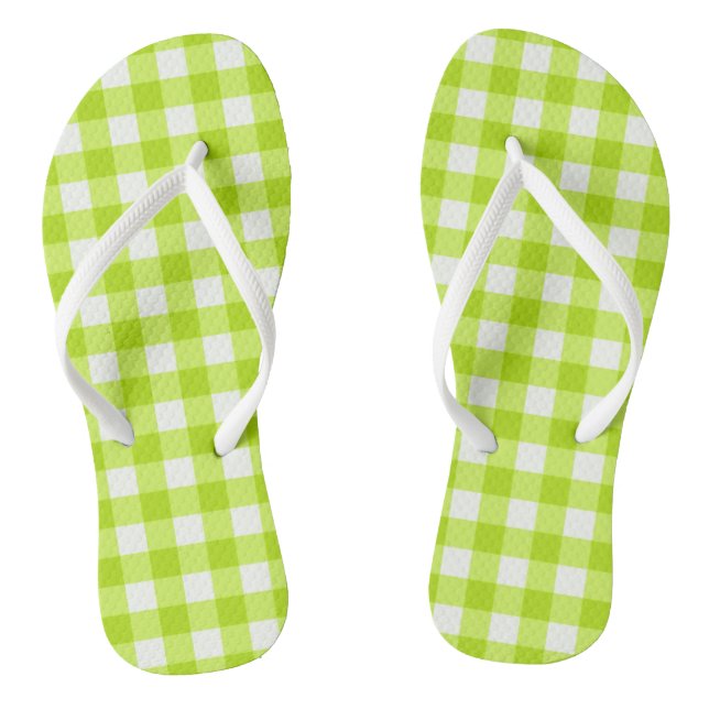 Trendy Lime Green Gingham Checked Pattern Flip Flops (Footbed)
