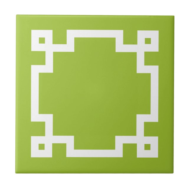Trendy Lime Green White Greek Key Border Tile (Front)