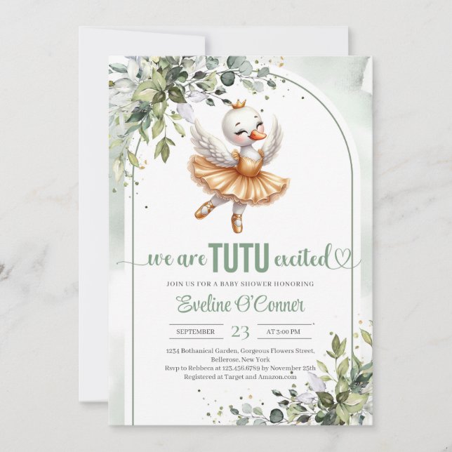 Trendy little swan with gold tutu dress greenery invitation (Front)